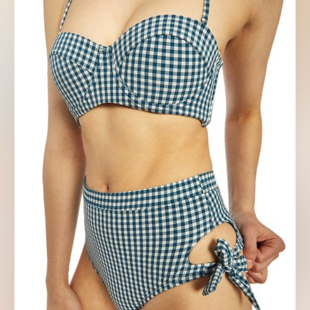 NWT Juicy Couture Blue & White Gingham Seersucker Bikini W/ High-Waist Bottoms
